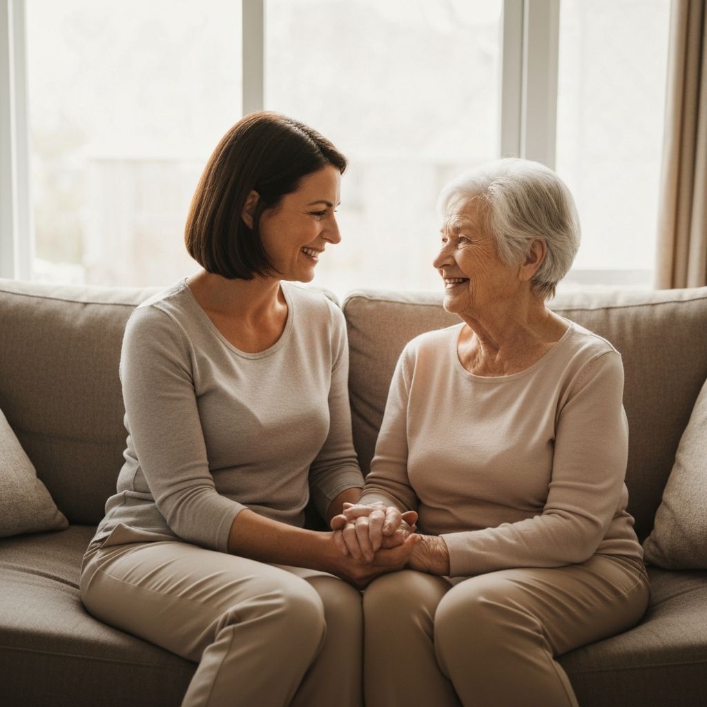 Adult daughter holding hands with elderly mother in assisted living facility