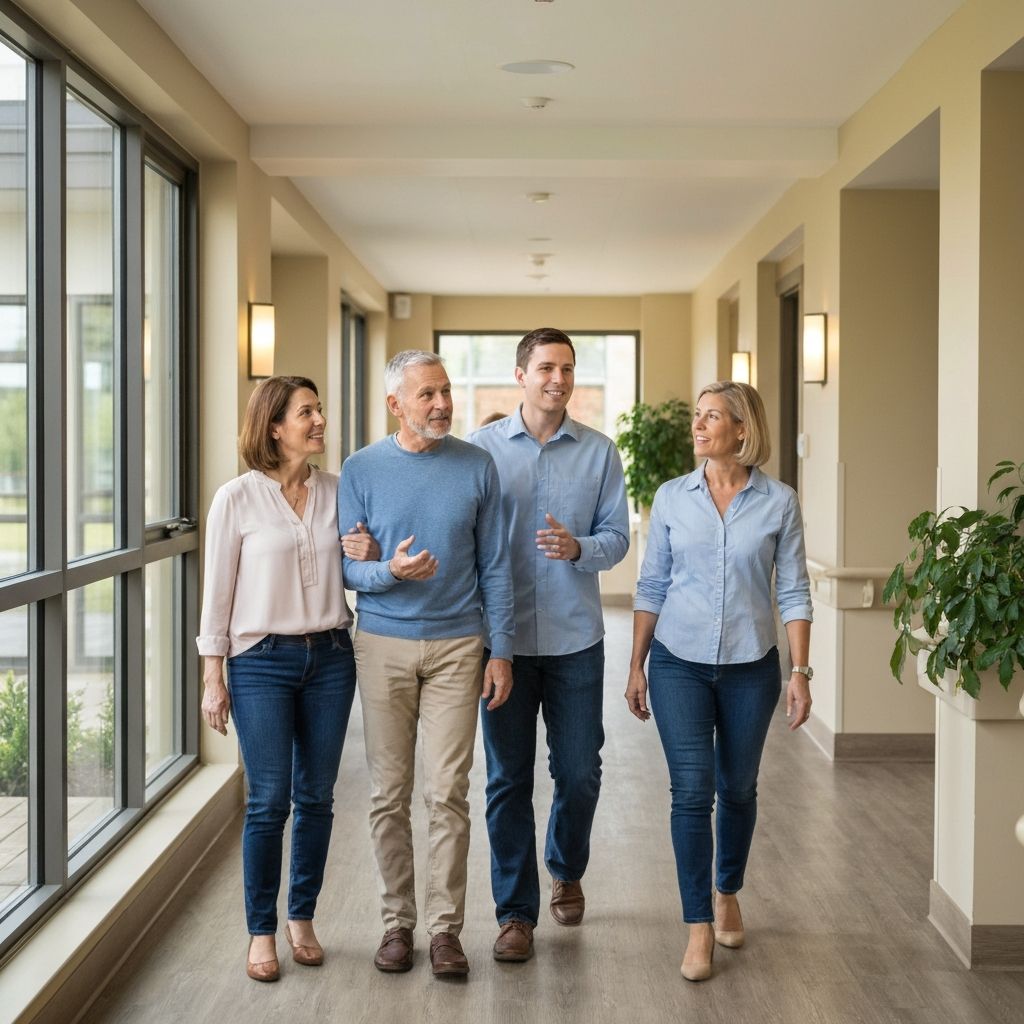 Family touring an assisted living facility with a guide
