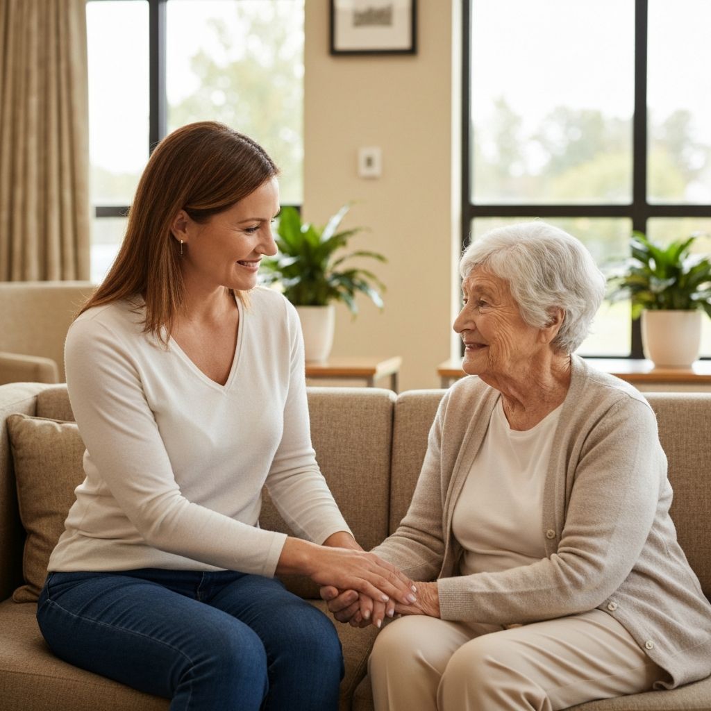 Adult daughter holding hands with elderly mother in assisted living facility