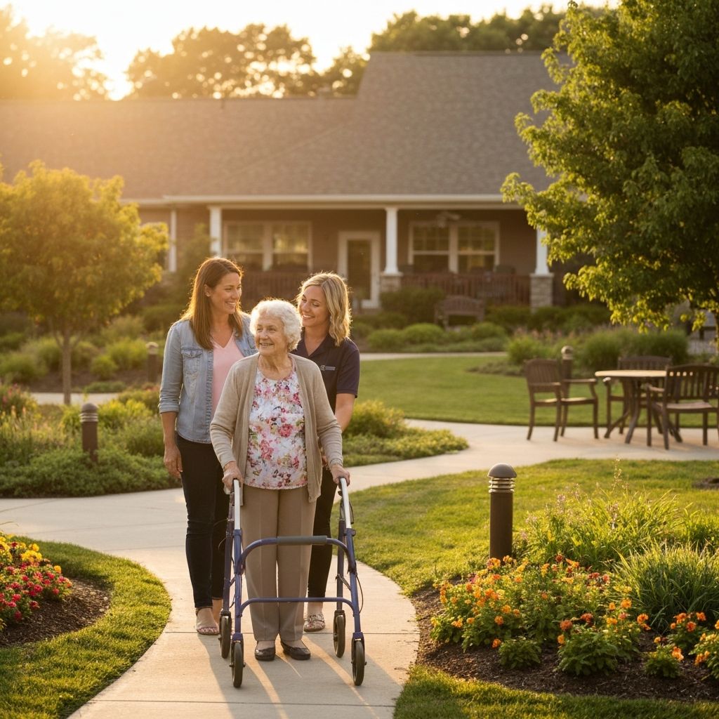 Family touring an assisted living facility with a guide
